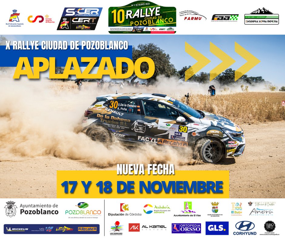 🚗💨 Hoy deberíamos entrar en semana de rallye. 

🔜 Sin embargo, la X edición del #RallyePozoblanco ha sido APLAZADA A NOVIEMBRE. La anticipación del Plan INFOCA (previsto para 1 junio) al 15 de mayo por “riesgo alto de incendios”, nos ha obligado a tomar esta difícil decisión.