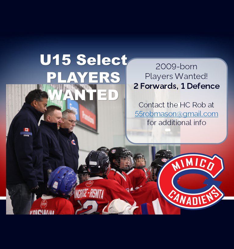 mimicocanadiens's tweet photo. Players wanted! 2009-born Forward and Defense (2F, 1D) Contact 55robmason@gmail.com https://t.co/ZOQj7Viirp