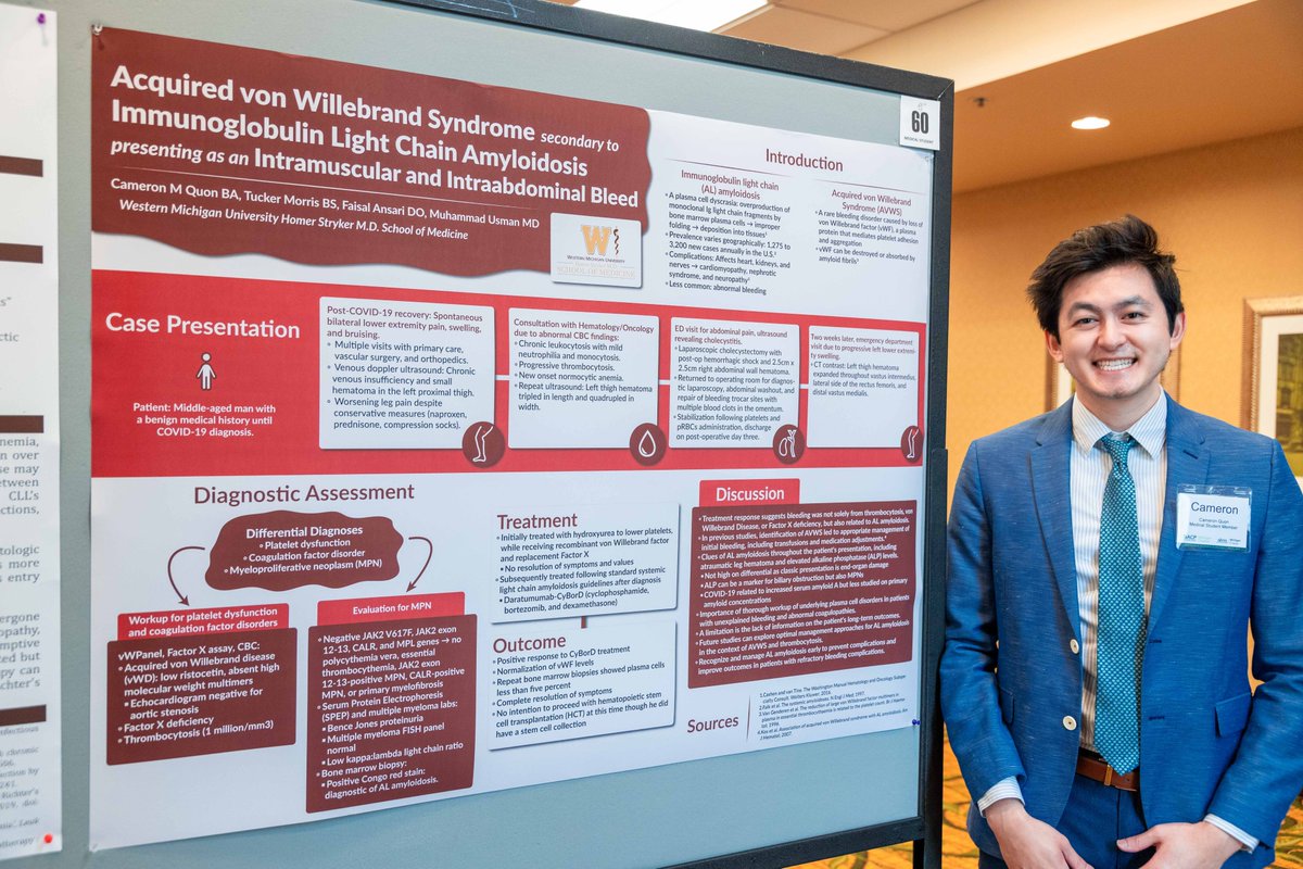 cameron_quon's tweet photo. Had a great time repping @WMUMedicine at the @MIChapterACP resident and medical student day! Presented a fascinating case report on von Willebrand Disease and Amyloidosis. Excited to have been awarded 1st place in the medical student clinical vignette category! #HemOnc🩸#MedEd 📚 https://t.co/zErWNXhsCy