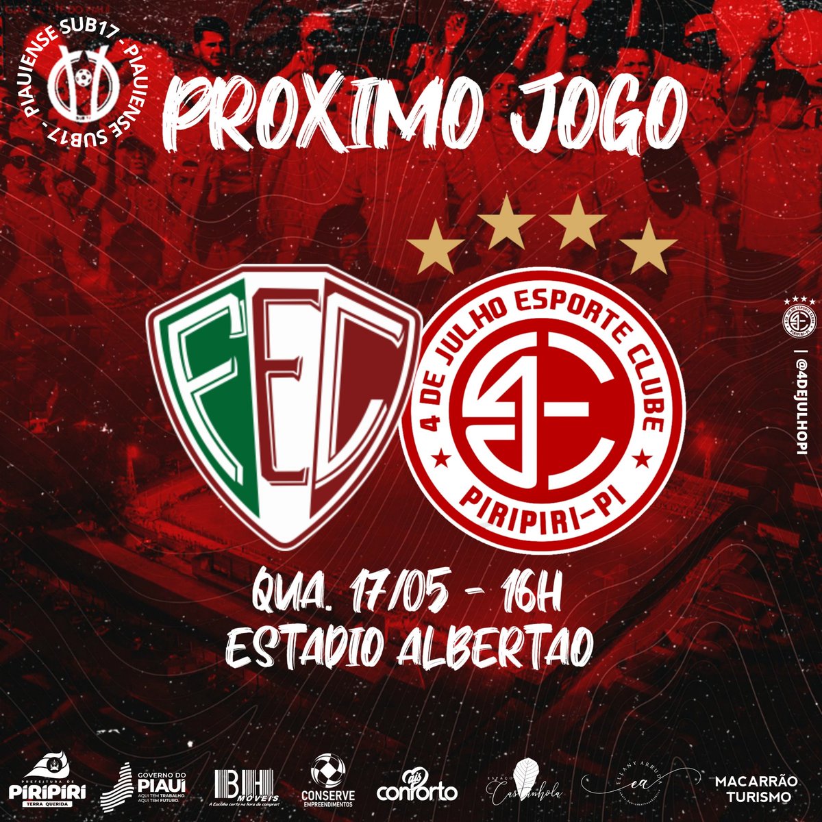 DE OLHO NAS CATEGORIAS DE BASE !!! 👀🔥🇦🇹

O 4 de Julho inicia o Piauiense sub17 na próxima quarta-feira, (17/05) , às 16h, no Estádio Albertão, diante da equipe do Fluminense-PI. 
Iniciamos este grande passo nas nossas categorias de base, vamos em busca da vitória!