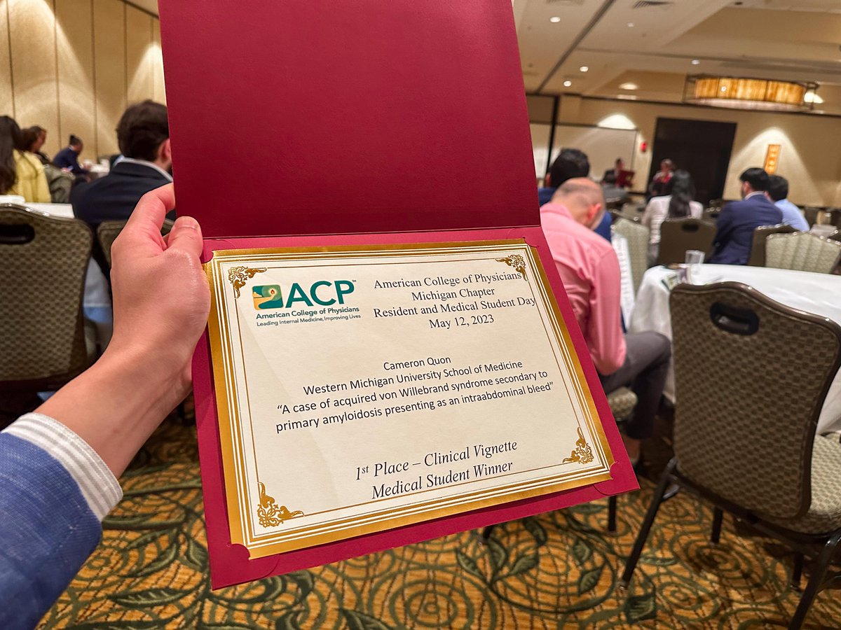 cameron_quon's tweet photo. Had a great time repping @WMUMedicine at the @MIChapterACP resident and medical student day! Presented a fascinating case report on von Willebrand Disease and Amyloidosis. Excited to have been awarded 1st place in the medical student clinical vignette category! #HemOnc🩸#MedEd 📚 https://t.co/zErWNXhsCy