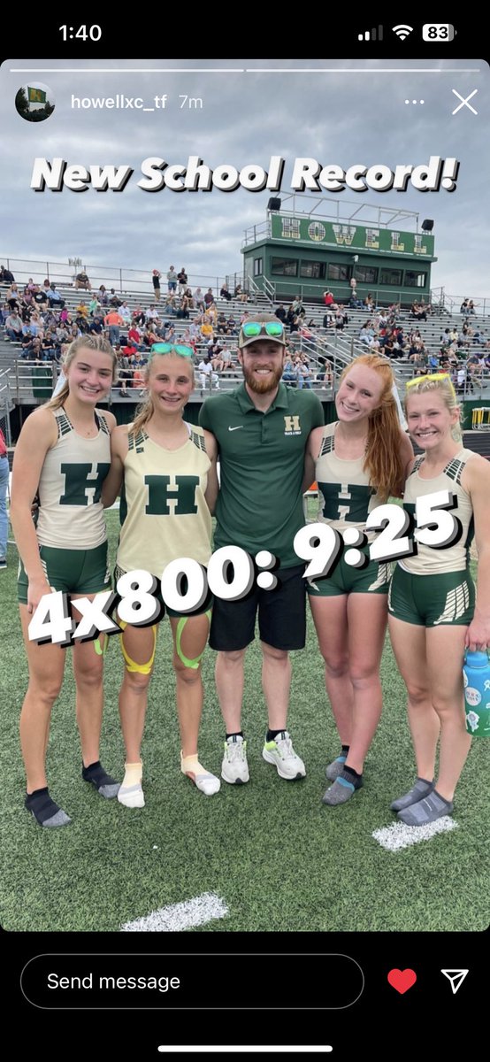‼️ New School Record ‼️
Mackenzie, Ella, Sarah, &amp; Lea crushed the prior 4x800 record 9:35 (2014) Absolutely amazing team effort! Congrats! ⭐️💚💛⭐️
<a href="/Kenzie_Wright23/">Mackenzie Wright</a> <a href="/lea_macgregor/">Lea MacGregor</a> @Sarah16413499 
<a href="/HowellAthletics/">Howell Athletics</a>