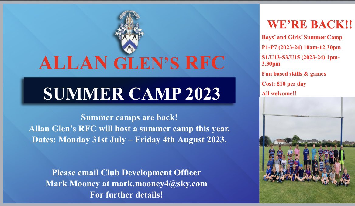 AGRFCAcademy's tweet photo. RUGBY SUMMER CAMP IS BACK!!

All abilities welcomed from complete beginners to seasoned P1-U15 players!

Contact Mark Mooney for more details (email on flyer)

@balmuildyps @ThomasMuirPS @Meadowburnprim @Wester_Cleddens @bishype @BishopbriggsAC 🏉🏉🏉 https://t.co/A6yHKwVv1g