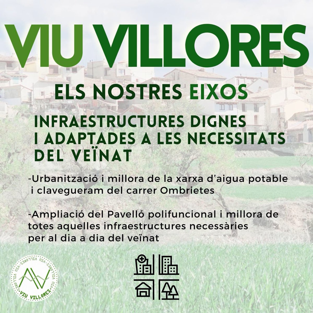 🧱👷‍♀️ Avui presentem l’eix d’Infraestructures dignes i adaptades a les necessitats de la població.

Aigua, carrers, esport, nous habitatges i totes aquelles infraestructures que milloren el dia a dia de la població.

#Villores #ViuVillores
