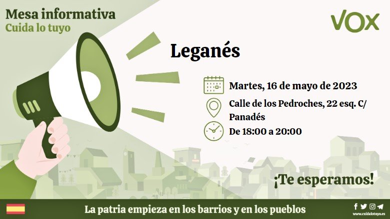 VOX_leganes's tweet photo. 2️⃣ COMERCIO DE BARRIO
🛒 Ayudas para las Galerías Comerciales
🗓 MARTES 16
🕙 10:00 Paseo Electoral por #PRYCONSA con @beatejero candidata de VOX a la Alcaldía.
🔊 18:00 Mesa Informativa en #Zarzaquemada con BEATRIZ TEJERO.
#CuidaLeganés💚 #VotaVOX
#VotaSEGURO #CuidaLoTuyo🇪🇦 https://t.co/rJzsoRH75O
