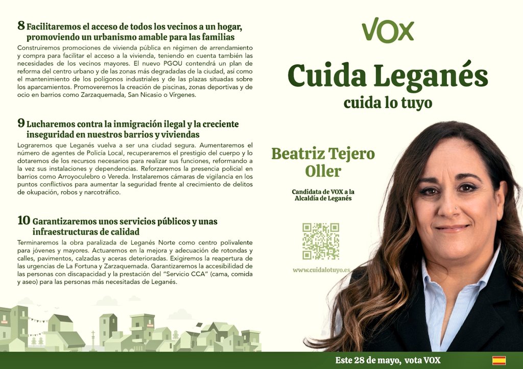 VOX_leganes's tweet photo. 2️⃣ COMERCIO DE BARRIO
🛒 Ayudas para las Galerías Comerciales
🗓 MARTES 16
🕙 10:00 Paseo Electoral por #PRYCONSA con @beatejero candidata de VOX a la Alcaldía.
🔊 18:00 Mesa Informativa en #Zarzaquemada con BEATRIZ TEJERO.
#CuidaLeganés💚 #VotaVOX
#VotaSEGURO #CuidaLoTuyo🇪🇦 https://t.co/rJzsoRH75O