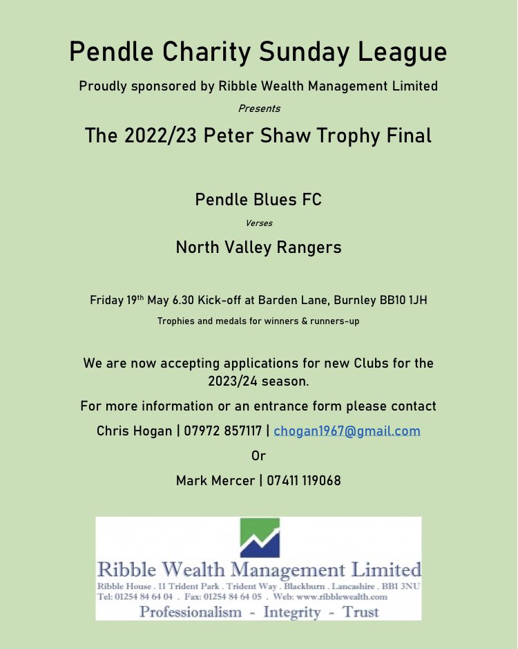 PendleSunday's tweet photo. It’s another massive Cup Final on Friday as League Champions Pendle Blues face League Cup winners North Valley Rangers in the prestigious Peter Shaw Trophy final. The ‘Blues will be looking for revenge following last week’s narrow defeat. Free entrance and the bar will be open! https://t.co/JvVlqcEpf4