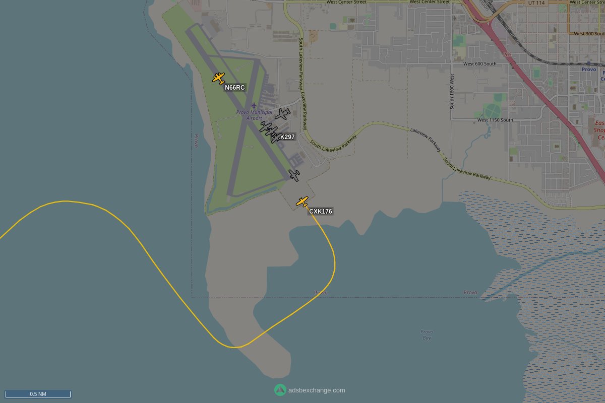 N1760T, a 172S, (callsign CXK176) is circling over Utah County at 4250 feet, speed 80 MPH, squawking 1200, 2.10 miles from Provo Municipal Airport #N1760T globe.adsbexchange.com/?icao=A131E1&z…