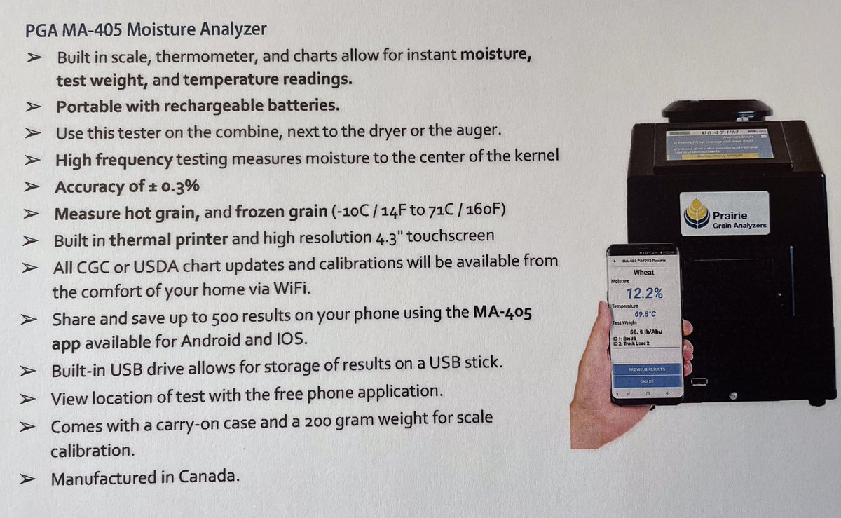 Another option that you can take right to the field is the portable MA-405 moisture tester by <a href="/PrairieGAnalyzr/">Prairie Grain Analyzers</a>. It’ll give you moisture, temperature and test weight on the machine, printed and/or right to your phone with their app.  DM me for details!