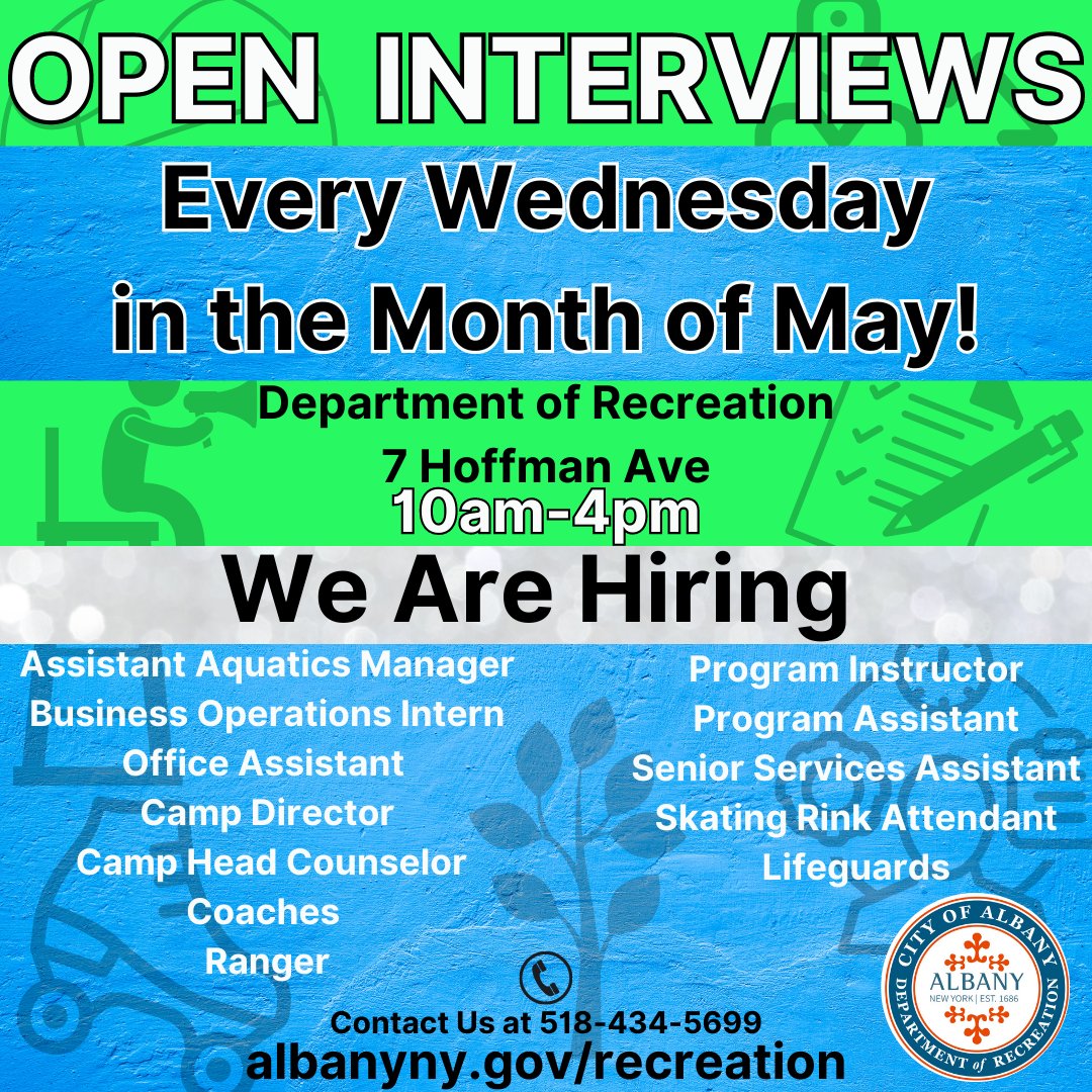 albanyNYrec's tweet image. This Wednesday! The Department of Recreation will be hosting open interviews from 10am-4pm for multiple seasonal employment opportunities. We look forward to meeting you!
#nowhiring #interview #openinterview #albany #albanyny #cityofalbany #employment #summerjob