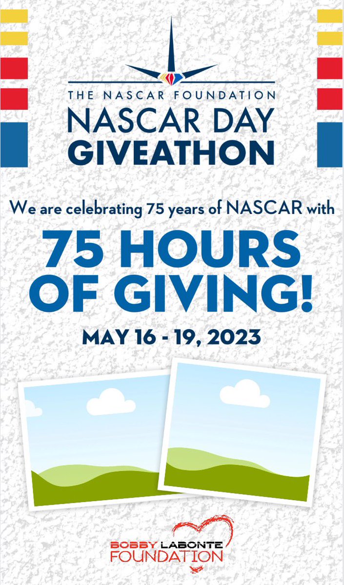 BLabFoundation's tweet photo. TUNE IN ALERT! 

We are celebrating @NASCAR’s 75th anniversary by participating in 75 HOURS OF GIVING! 

Get ready - starts tomorrow at 5ET - there are prizes + matching grants to win! 

Every penny goes to building strong foundations for children + families in NC’s #Triad https://t.co/jdzDXDHaAs