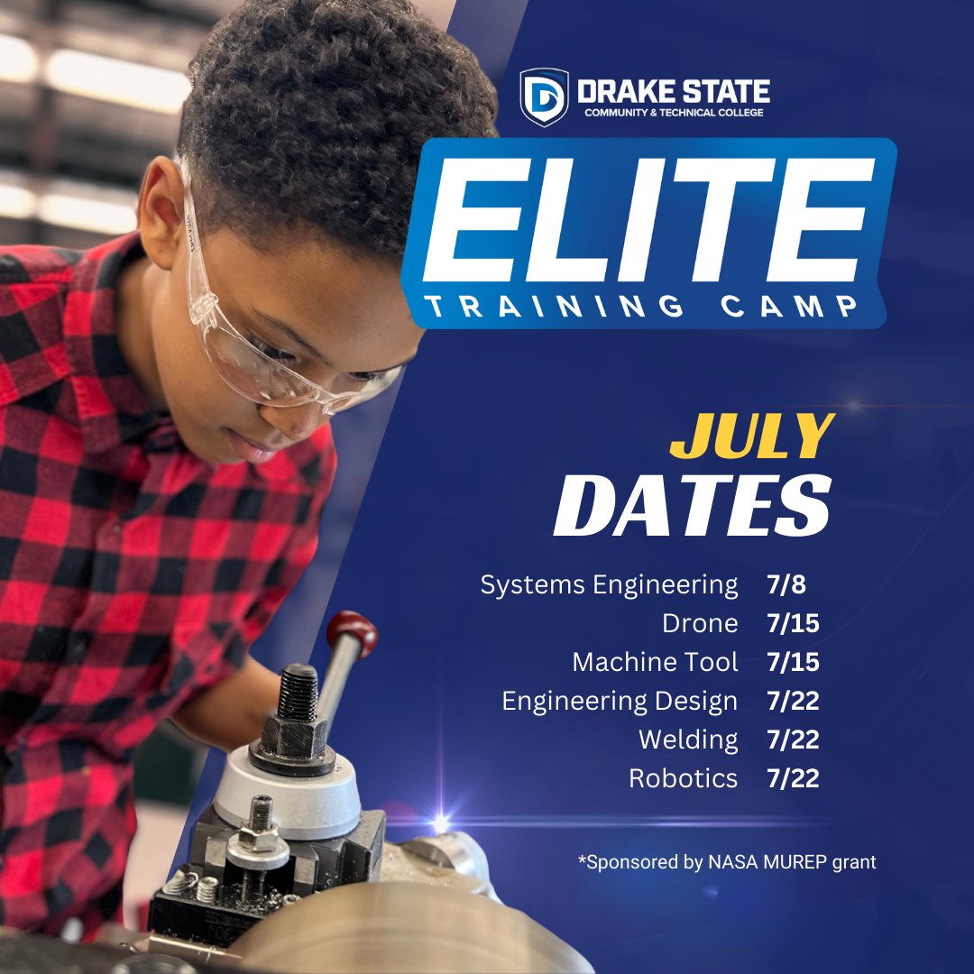 Drake State (@drakestate) on Twitter photo Calling high school students! Get introduced to high-tech fields and pursue science and technology careers with our Drake State Elite Training Camps.
This free program includes lunch. Priority will go to HS students underrepresented in STEM.
APPLY: levi.mayer@drakestate.edu Calling high school students! Get introduced to high-tech fields and pursue science and technology careers with our Drake State Elite Training Camps.
This free program includes lunch. Priority will go to HS students underrepresented in STEM.
APPLY: levi.mayer@drakestate.edu