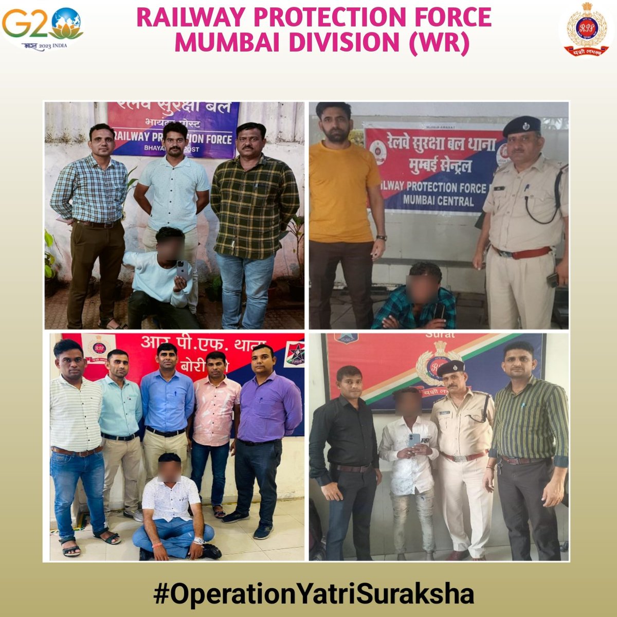 #OperationYatriSuraksha 
Vigilant staff of  #RPF nabbed 04 thieves at Borivali, Mumbai central, Bhayandar & Surat with the help of #CCTV surveillance. Handed over to #GRP for further action.
#ActionAgainstCrime 
#SentinelsOnRail 
@drmbct @WesternRly @RPF_INDIA @rpfwr1