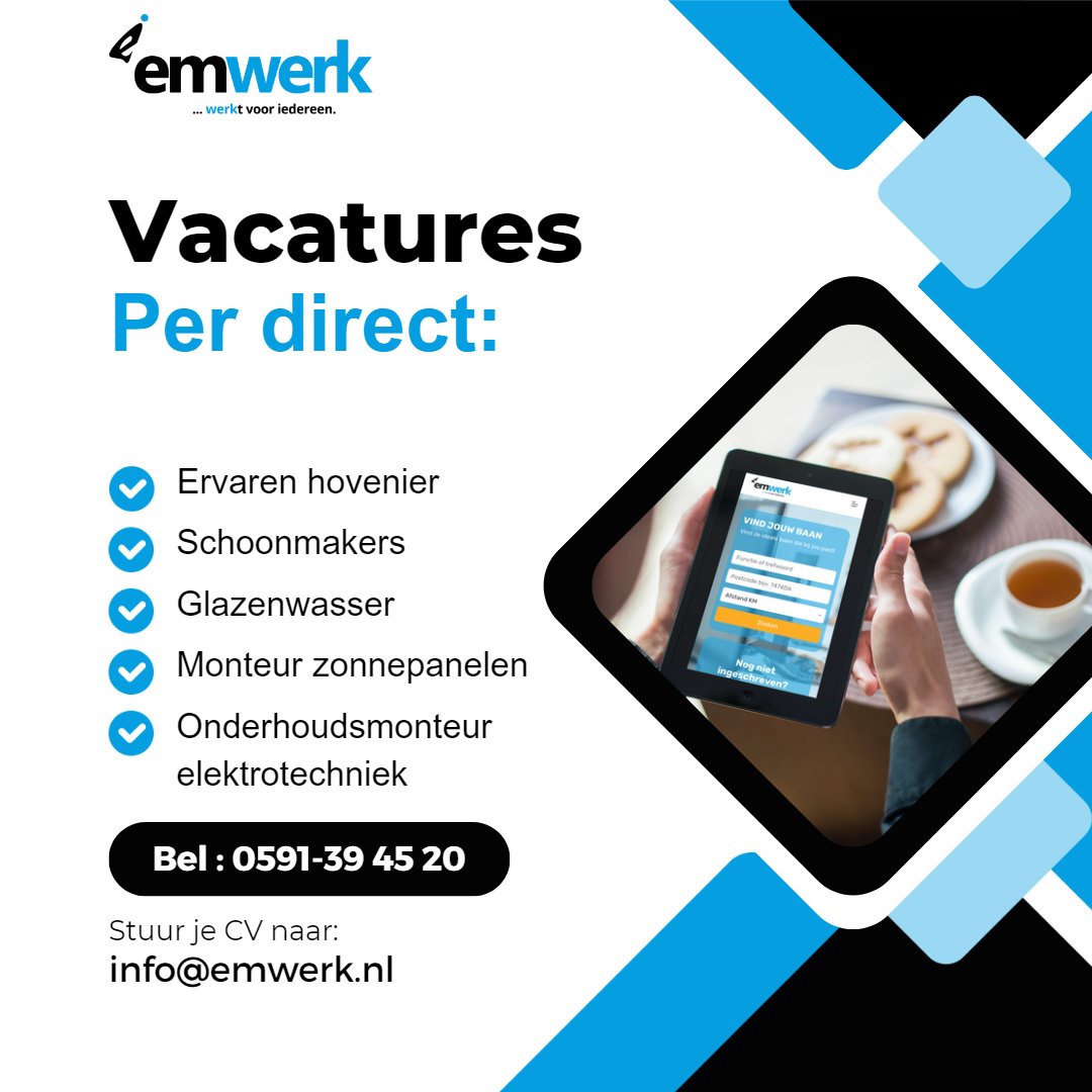 Geweldig nieuws! EM Werk heeft diverse vacatures beschikbaar! Glazenwasser, onderhoudsmonteur, monteur zonnepanelen, ervaren hovenier en schoonmaakmedewerker. Doe mee en schrijf je vandaag nog in op onze website! #EMWerk #vacatures #Emmen