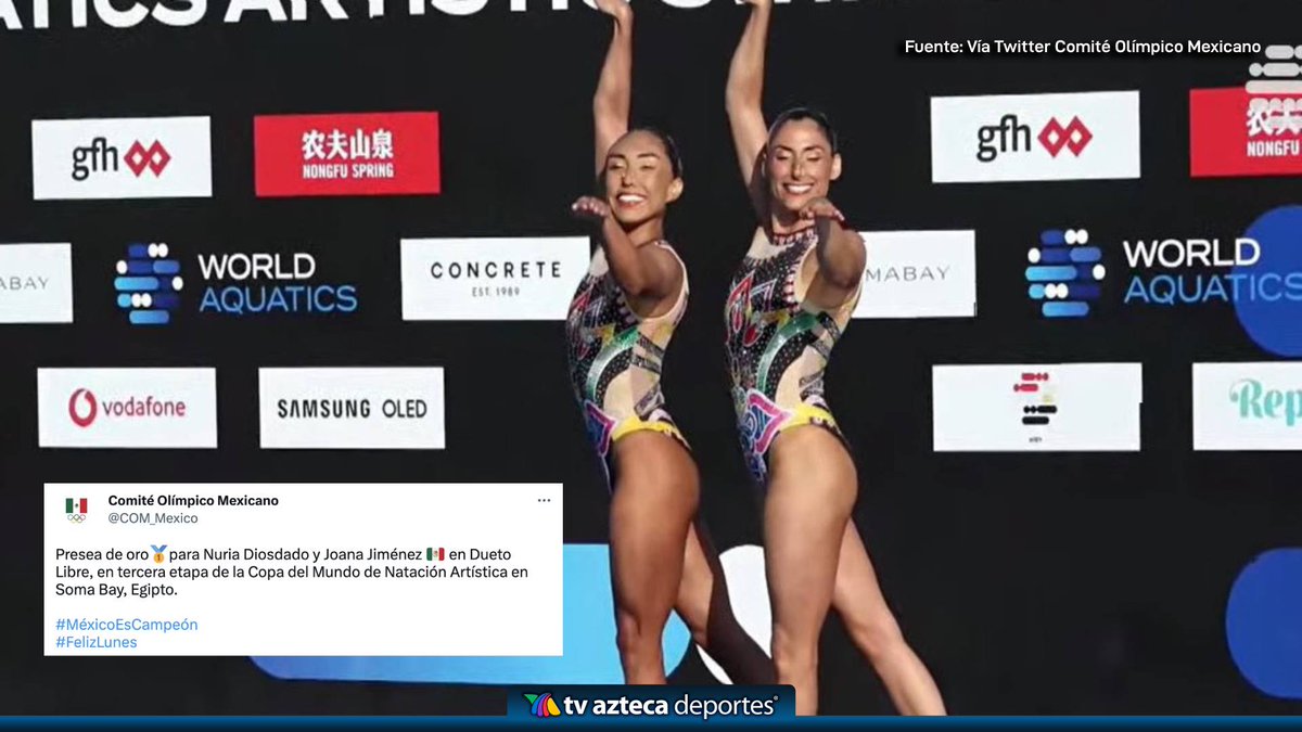 ¡Orgullo Mexicano! 🤩🇲🇽

Las mexicanas Nuria Diosdado y Joana Jiménez ganaron la medalla de oro en la tercera etapa de la Copa del Mundo de Natación Artística. Esta es la segunda presea dorada que México gana en el certamen mundial.

#AztecaDeportes #NataciónArtística