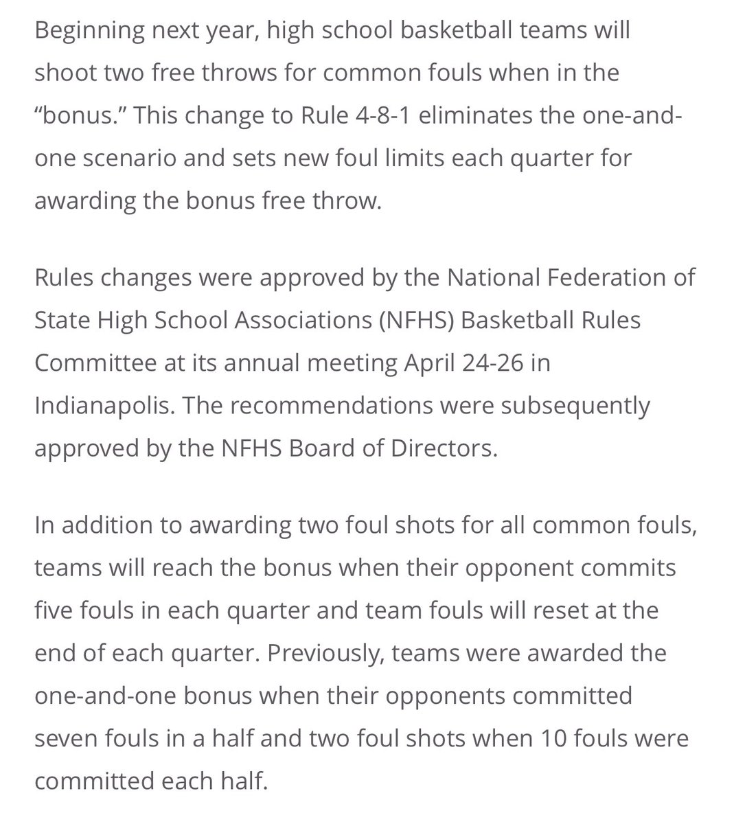 OfficialChipC's tweet photo. Big fan of these 2023-24 rule changes for NFHS 🏀, as most of them align w/ NCAA Men’s and/or Women’s rules/procedures. Not a single one I’m not in favor of.

•Team Fouls reset each quarter
•Bonus is now 2FT’s (no more 1 & 1), & begins on opponents 5th Team Foul of quarter 
•Only 4 designated spots for frontcourt throw-ins after defensive foul or violation in FC. (Nearest 28ft mark along sideline, or nearest 3ft post up mark along end line)
•Looser regulations on uniforms & undershirts
•No longer an immediate OoB Violation if a player simply steps OoB
