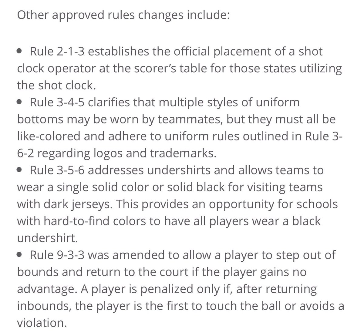 OfficialChipC's tweet photo. Big fan of these 2023-24 rule changes for NFHS 🏀, as most of them align w/ NCAA Men’s and/or Women’s rules/procedures. Not a single one I’m not in favor of.

•Team Fouls reset each quarter
•Bonus is now 2FT’s (no more 1 & 1), & begins on opponents 5th Team Foul of quarter 
•Only 4 designated spots for frontcourt throw-ins after defensive foul or violation in FC. (Nearest 28ft mark along sideline, or nearest 3ft post up mark along end line)
•Looser regulations on uniforms & undershirts
•No longer an immediate OoB Violation if a player simply steps OoB