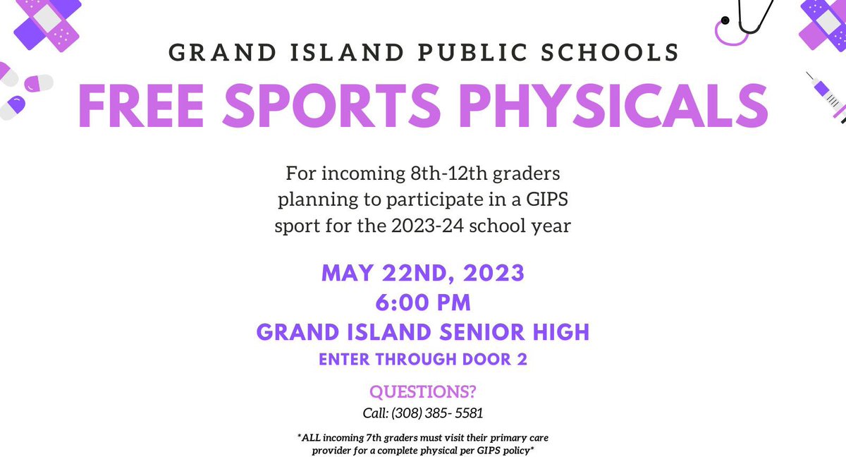 GishTraining's tweet photo. Come see us next Monday (May 22nd) for Free Sports Physicals!! 💜💛 https://t.co/W2I4oyIEbp