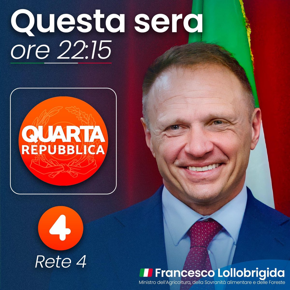 FrancescoLollo1's tweet photo. Questa sera, alle 22:15, sarò su Rete4, ospite di Nicola Porro a "Quarta Repubblica". Seguitemi se potete. https://t.co/pLuc7vUoDE
