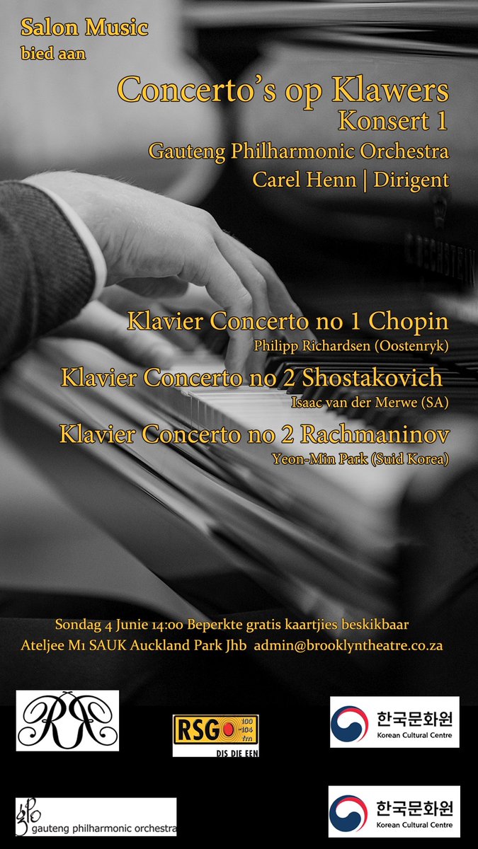 RSG 100-104FM (@zarsg) on Twitter photo Gratis konsert, Concertoās op Klawers, op 4 Junie by SAUK se M1-ateljee in Aucklandpark in Johannesburg. Stuur e-pos na admin@brooklyntheatre.co.za om te bespreek voor 1 Junie. Gratis konsert, Concertoās op Klawers, op 4 Junie by SAUK se M1-ateljee in Aucklandpark in Johannesburg. Stuur e-pos na admin@brooklyntheatre.co.za om te bespreek voor 1 Junie.