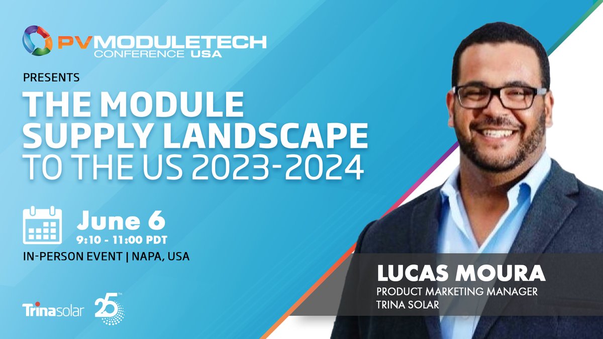 TrinaSolarUS's tweet photo. Looking for answers about the key module suppliers to the US and what module technologies are meeting the current US demand? Trina Solar's Lucas Mouras will be discussing all of this and more at the #PVModuleTech event on June 6.
Register here today: https://t.co/bAA9Wnuj44 https://t.co/mE2SfHorbJ