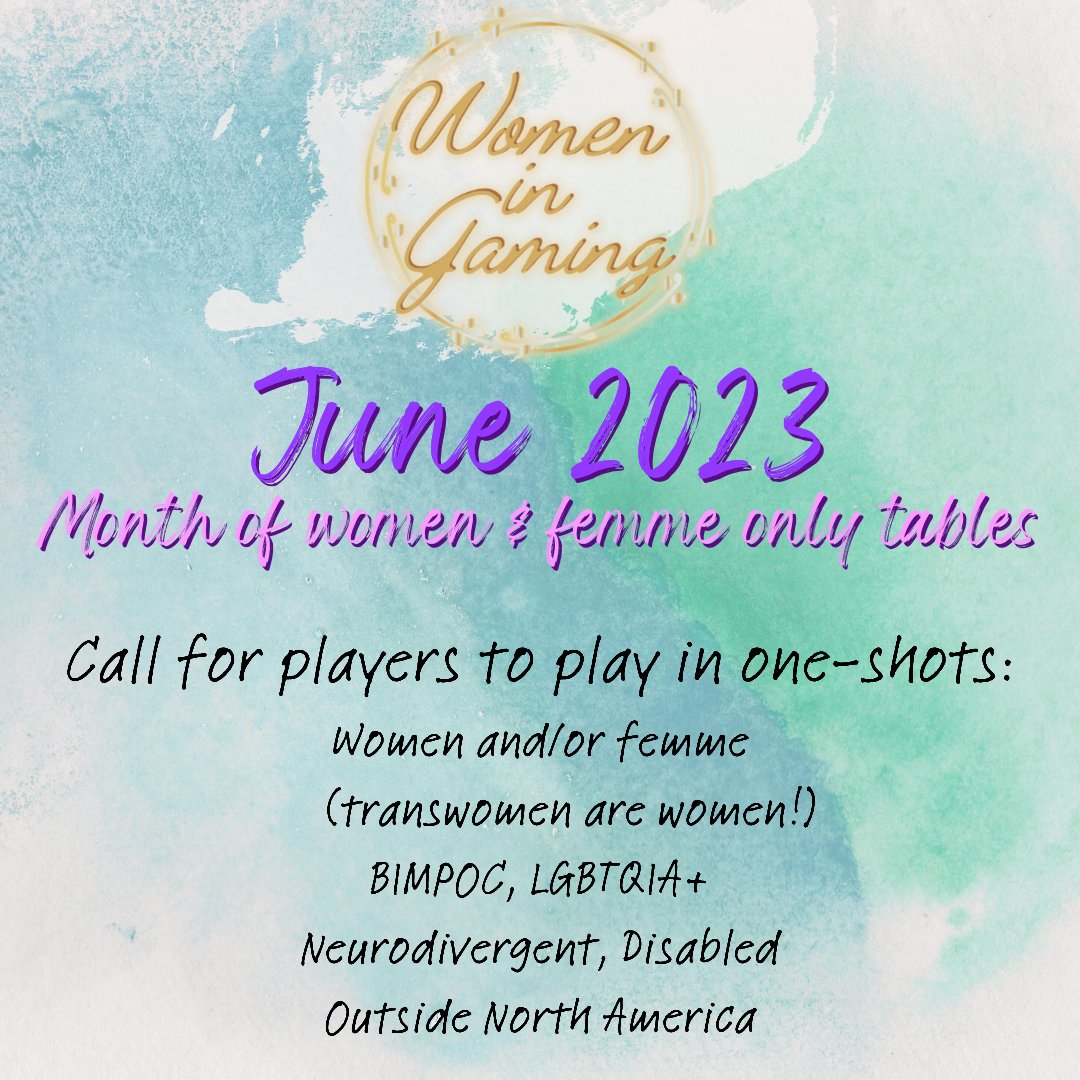 It's finally here! We have several games from fantastic GMs set up for our Women in Gaming event and we need YOU to sign-up!

Featuring all women/femme tables at EU/UK friendly times. All information is in our form which will be open for just this week!

forms.gle/bhrQoLvZifrR2K…