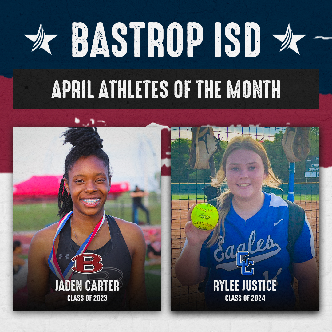 BastropISD's tweet photo. 🏆 April Athletes of the Month 🏆

Bastrop High School (@BastropHigh):
Julius Baynard 👟
Jaden Carter 👟

Cedar Creek High School (@CedarCreekHS):
Julian Jasso ⚾️
Rylee Justice 🥎

Congratulations for being chosen as the April Athletes of the Month! https://t.co/tR2VysgmMw