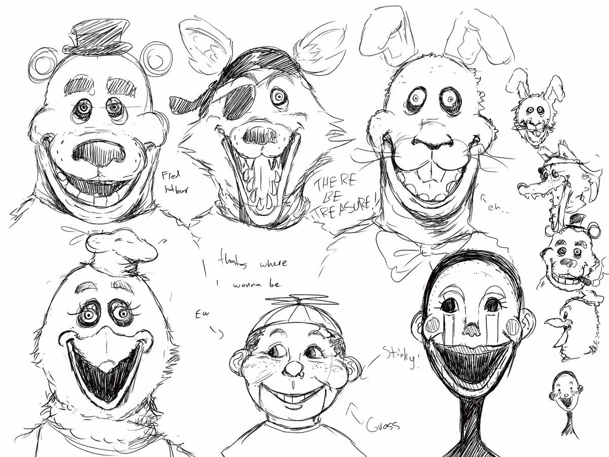 Quick design sketches of Fredding Fazelton and his cohorts 
 #FNAF 