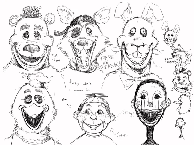 Quick design sketches of Fredding Fazelton and his cohorts 
 #FNAF 