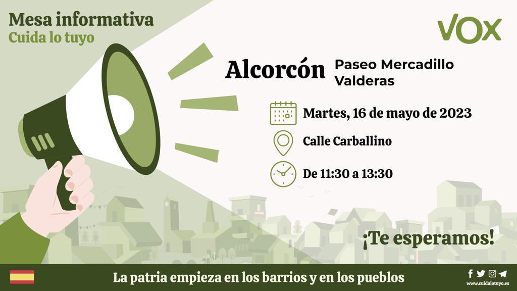 Vox_Alcorcon's tweet photo. Seguimos mañana en las calles de #Alcorcon.
✅ Por la mañana en los 2 mercadillos. En Valderas se hará un paseo repartiendo información por el mercadillo y en el Ferial habrá una mesa.
💚 Por la tarde habrá una mesa junto a la estación de Alcorcón Central.
#VotaVOX #CuidaAlcorcon https://t.co/pGWTW2pCYL