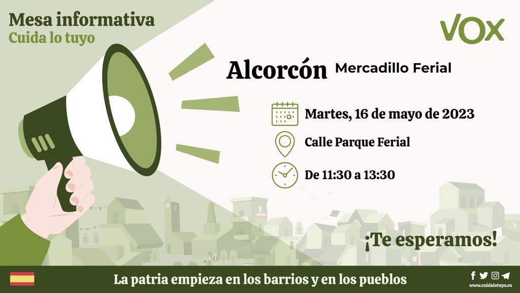 Vox_Alcorcon's tweet photo. Seguimos mañana en las calles de #Alcorcon.
✅ Por la mañana en los 2 mercadillos. En Valderas se hará un paseo repartiendo información por el mercadillo y en el Ferial habrá una mesa.
💚 Por la tarde habrá una mesa junto a la estación de Alcorcón Central.
#VotaVOX #CuidaAlcorcon https://t.co/pGWTW2pCYL