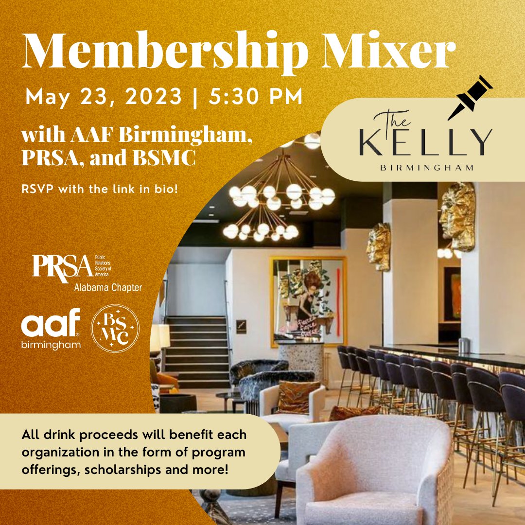 BhamSocialClub's tweet photo. We are so excited to partner with the @aafbham  and @prsaalabama to host our first-ever Membership Mixer at The Kelly Hotel May 23rd at 5:30🍸
 
Although this event is free, all drink proceeds will benefit each organization through programming offerings, scholarships, and more! https://t.co/OAjTUMbazj