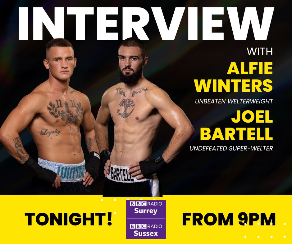 Strike Sports Management (@strikesportsmgt) on Twitter photo 🚨 TONIGHT! Unbeaten prospects <a href="/alfiewinter_/">Alfie Winter</a> and @bartell_joel chat with <a href="/melmontagnon/">melisa</a> ahead of their upcoming fights this Saturday!
Tune into <a href="/BBCSussex/">BBC Sussex</a> / <a href="/BBCSurrey/">BBC Surrey</a> from 9pm 📻
#StrikeSports | <a href="/tm14promotions_/">TM14promotions</a> 🚨 TONIGHT! Unbeaten prospects <a href="/alfiewinter_/">Alfie Winter</a> and @bartell_joel chat with <a href="/melmontagnon/">melisa</a> ahead of their upcoming fights this Saturday!
Tune into <a href="/BBCSussex/">BBC Sussex</a> / <a href="/BBCSurrey/">BBC Surrey</a> from 9pm 📻
#StrikeSports | <a href="/tm14promotions_/">TM14promotions</a>