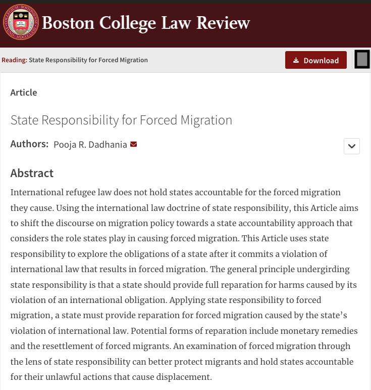 ProfDadhania's tweet photo. Here's another spring article I'm excited to share -- State Responsibility for Forced Migration in the @BCLawReview where I use state responsibility in int'l law to explore the obligations of a state that causes forced migration (https://t.co/o345KliDZp) https://t.co/nJoTSoG4V6