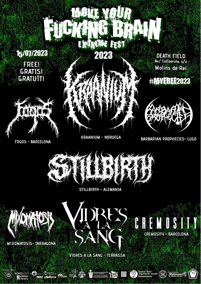 MetalDef_MdR's tweet image. 🗣 Queden 2 mesos exactes pel Move Your Fucking Brain Extreme Fest 2023 🤘🤘

Recordeu que teniu una cita dissabte 15 de juliol a Molins de Rei i gratis!

#myfbef #myfbef2023 #Kraanium #Stillbirth #VidresALaSang #BarbarianProphecies #Mixomatosis #Fogos #Cremosity #MolinsDeRei