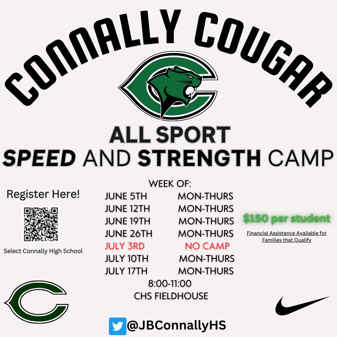 Calling all current Cougars and future Cougars! We’re looking forward to having you at this summer’s Speed and Strength Camp! Details below: ⁦<a href="/JBConnallyHS/">Connally High School</a>⁩ ⁦<a href="/CHSCougarBsbl/">Connally Baseball</a>⁩ ⁦<a href="/BballCougar/">ConnallyCougarBball</a>⁩ ⁦<a href="/Connally96/">John B. Connally Boy's Soccer</a>⁩ ⁦<a href="/ConnallyGSOC/">Connally Girls Soccer</a>⁩ ⁦<a href="/chsVBdigdeep/">ConnallyHSVB</a>⁩