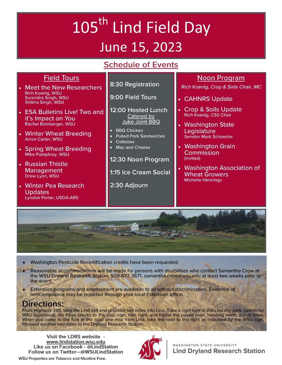 Mark your calendars and join us in Lind on June 15!
<a href="/WSULindStation/">WSU Lind Dryland Research Station</a> <a href="/WSUSmallGrains/">WSU Small Grains</a> <a href="/WSUweeds/">WSUweeds</a> <a href="/WSUVarietyTest/">Clark Neely</a> <a href="/wsucahnrs/">WSU CAHNRS</a> <a href="/WSUExtension/">WSU Extension</a> <a href="/WAWheatGrowers/">WA Wheat Growers</a> #research #growereducation #WAwheat #WAbarley #smallgrains #endusequality #farmingpractices