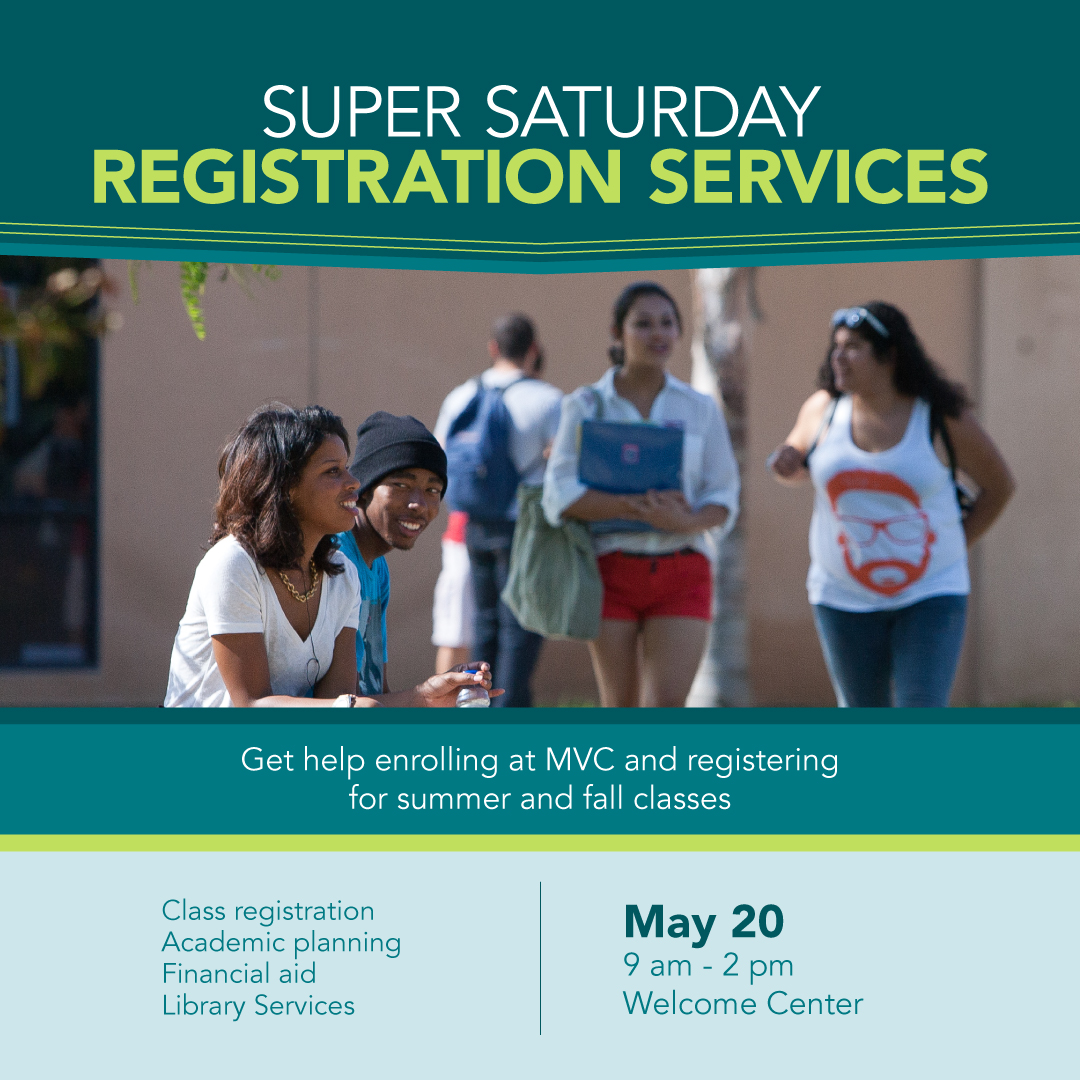 This weekend, we're hosting a Saturday registration event! Stop by campus from 9 am to 2 pm for help choosing your summer and fall 2023 classes, registering in EduNav, or enrolling at MVC as a college student. Plus, the Library and Academic Success Center will be open as usual.