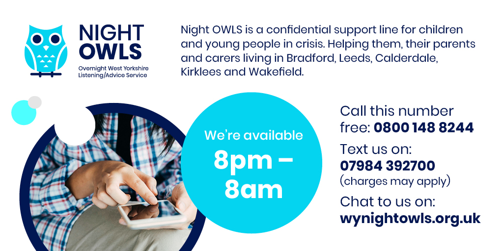 WYpartnership's tweet photo. NightOWLS is for every child or young person in West Yorkshire who is experiencing a mental health crisis at night. Open 8pm-8am every day. Call free 0800 1488244, text 07984 392700 (charges may apply) or online chat at https://t.co/ifJ6wiHT9j  #MHAW23 #ToHelpMyAnxiety https://t.co/C7IQAnNDGG