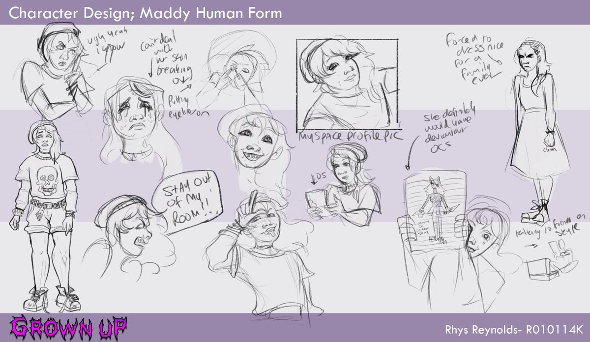 rhysierey's tweet image. I&apos;m going to start posting my FYP work this week! This is Maddy, the main character of my project Grown Up. She&apos;s a Scene girl in the 2000&apos;s who gets transformed into a doll. Feel free to ask me questions about her or my project! #conceptart #conceptartist #gamesdesign #portfolio