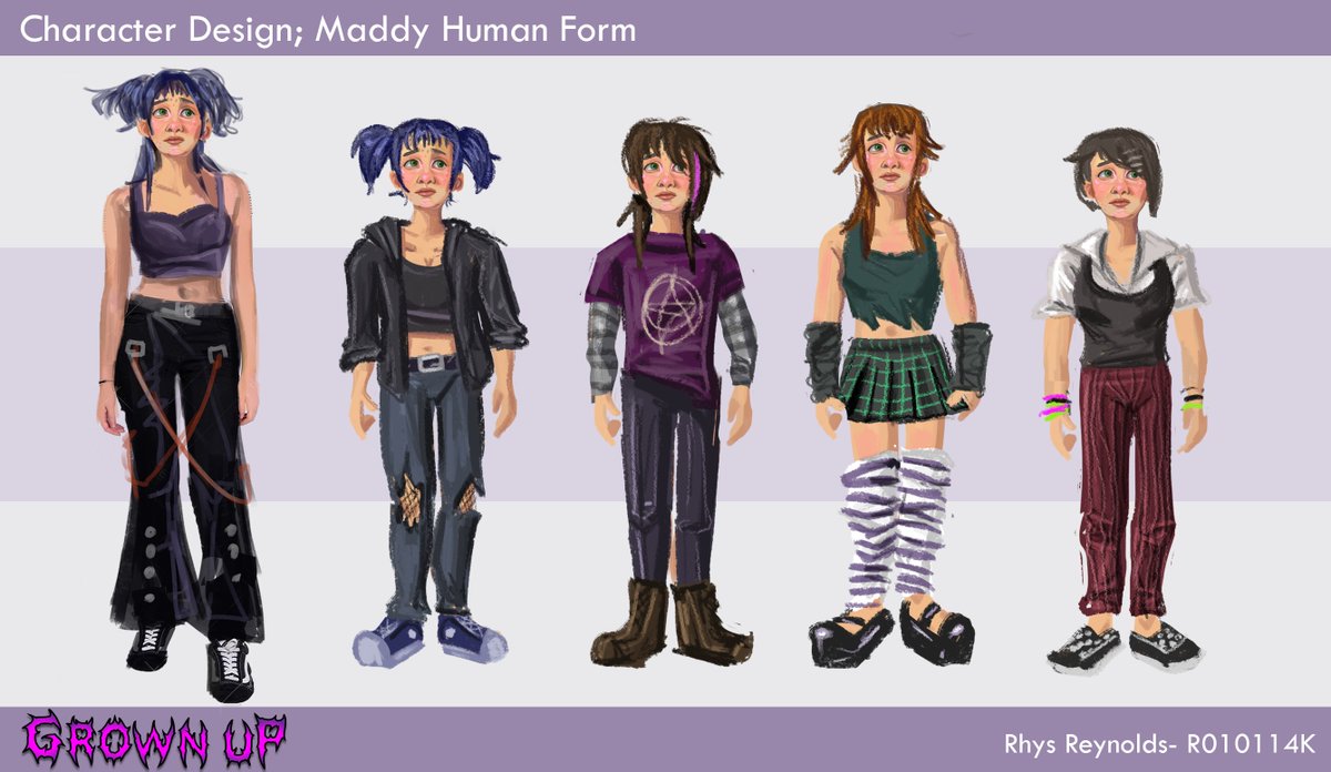 rhysierey's tweet image. I&apos;m going to start posting my FYP work this week! This is Maddy, the main character of my project Grown Up. She&apos;s a Scene girl in the 2000&apos;s who gets transformed into a doll. Feel free to ask me questions about her or my project! #conceptart #conceptartist #gamesdesign #portfolio