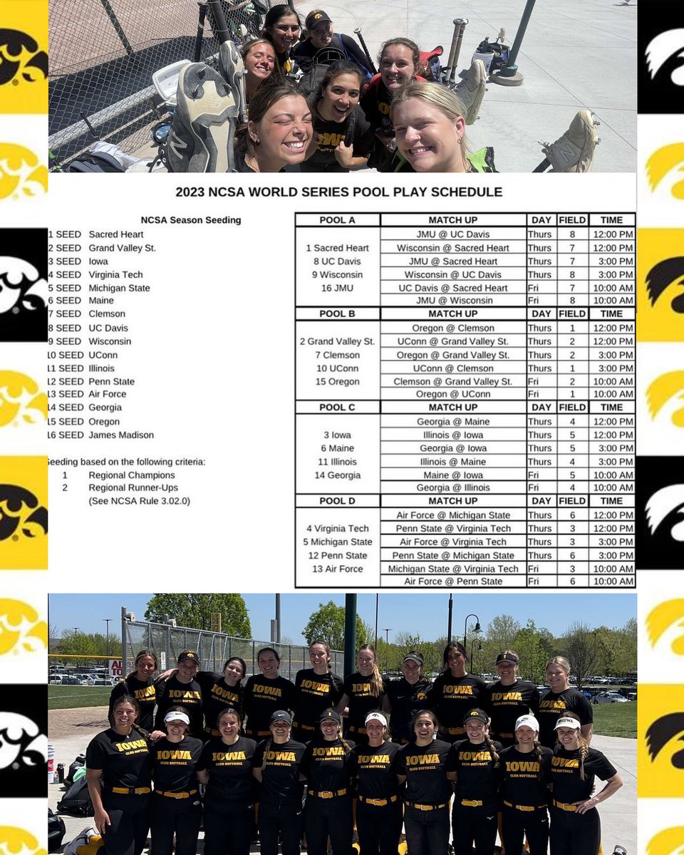 The World Series is 3 DAYS away for the Hawkeyes! With an overall ranking at #3, our three pool play games are listed: Game 1 vs. Illinois Thursday @ 12 Game 2 vs. Georgia Thursday @ 2 Game 3 vs. Maine Friday @ 10