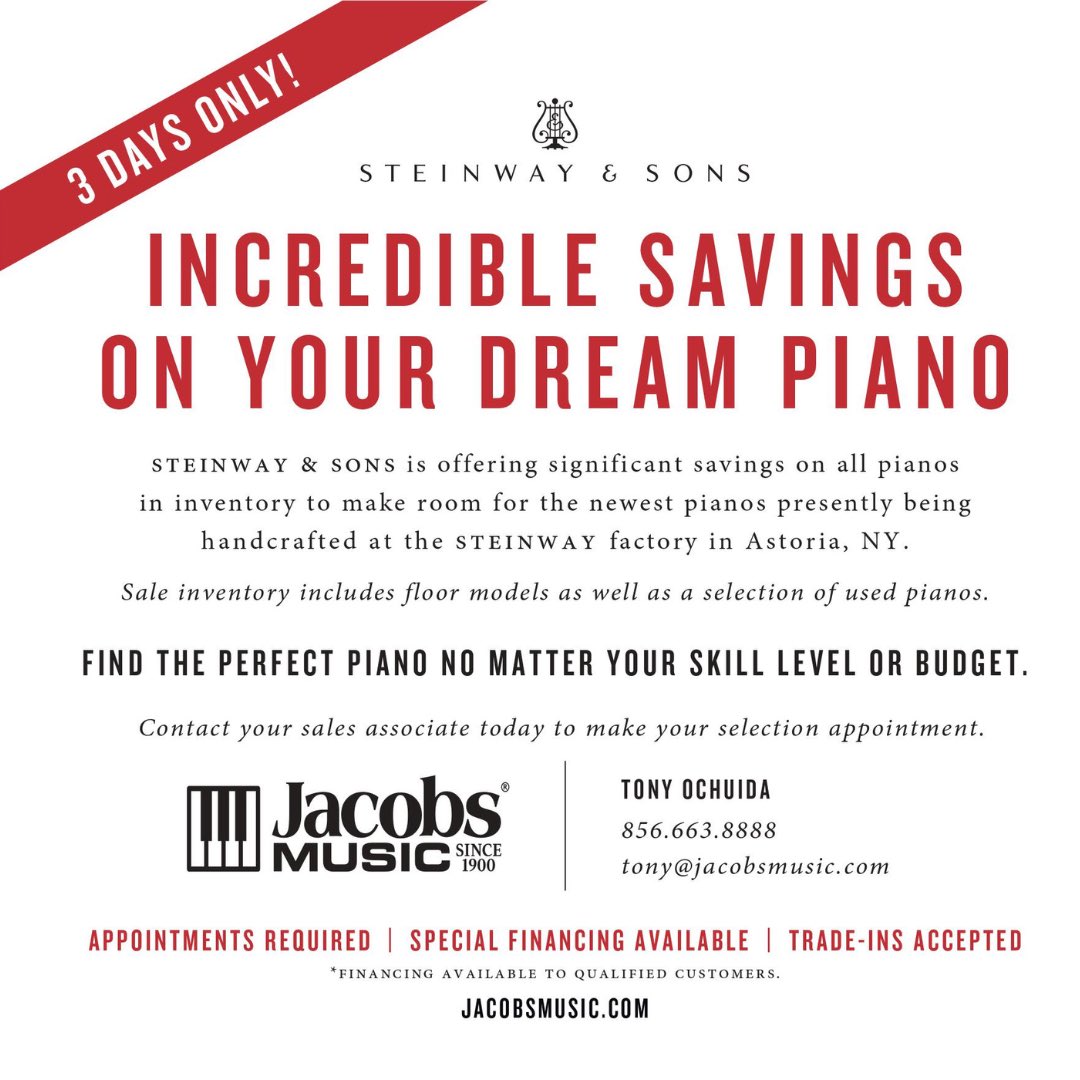 FIND THE PERFECT PIANO NO MATTER YOUR SKILL LEVEL OR BUDGET. Dozens of pianos are arriving daily for the STEINWAY INVENTORY CLEARANCE SALE ON Friday, May 19 | Saturday, May 20 | Sunday, May 21. 60+ pianos available! #JacobsMusicCompany #InventoryClearance #MusicStore #PianoSale