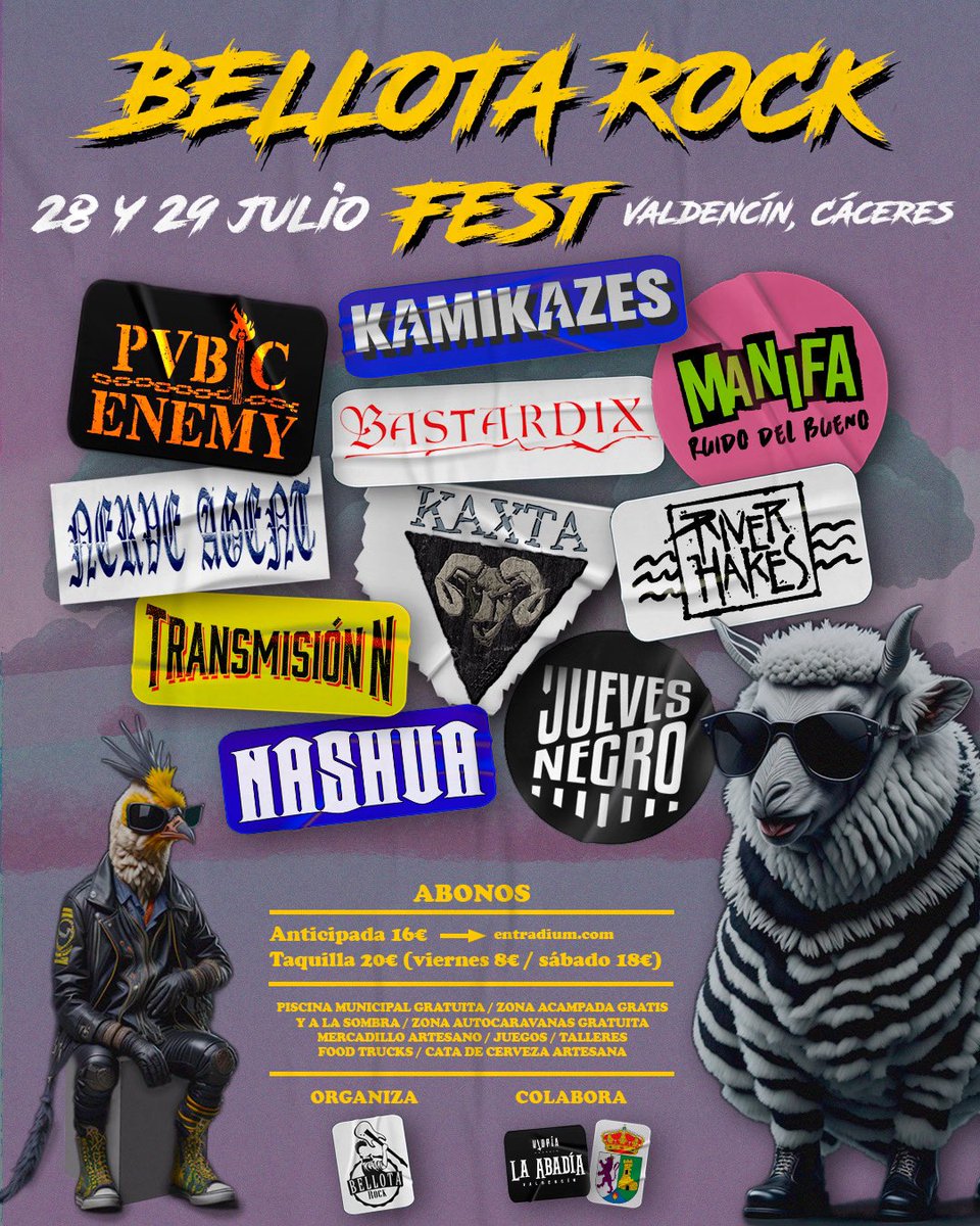 CARTEL COMPLETO VI BELLOTA ROCK FEST 🥳🤘🏼

¡VOLVEMOS A LA CARGA! Volvemos otra edición más con más ganas que nunca; 

ℹ️ 2 días de festival / 10 GRUPAZOS /  Piscina municipal GRATUITA / Zona acampada GRATUITA / Zona de autocaravanas GRATUITA / Mercadillo / Talleres/ Food Trucks…