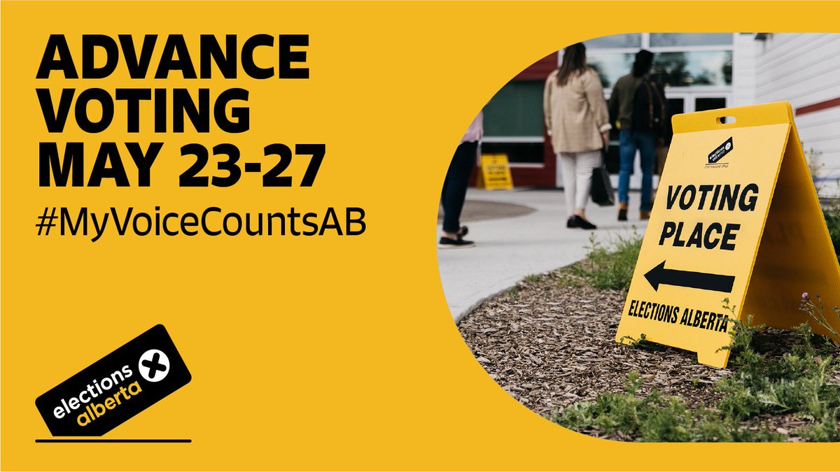 If you want to vote early, you can vote at any Advance Voting location in Alberta! 🗳️ Whether you're across town or working away from home, find an Advance Voting location near you and cast your vote from May 23 until May 27: map.elections.ab.ca #MyVoiceCountsAB