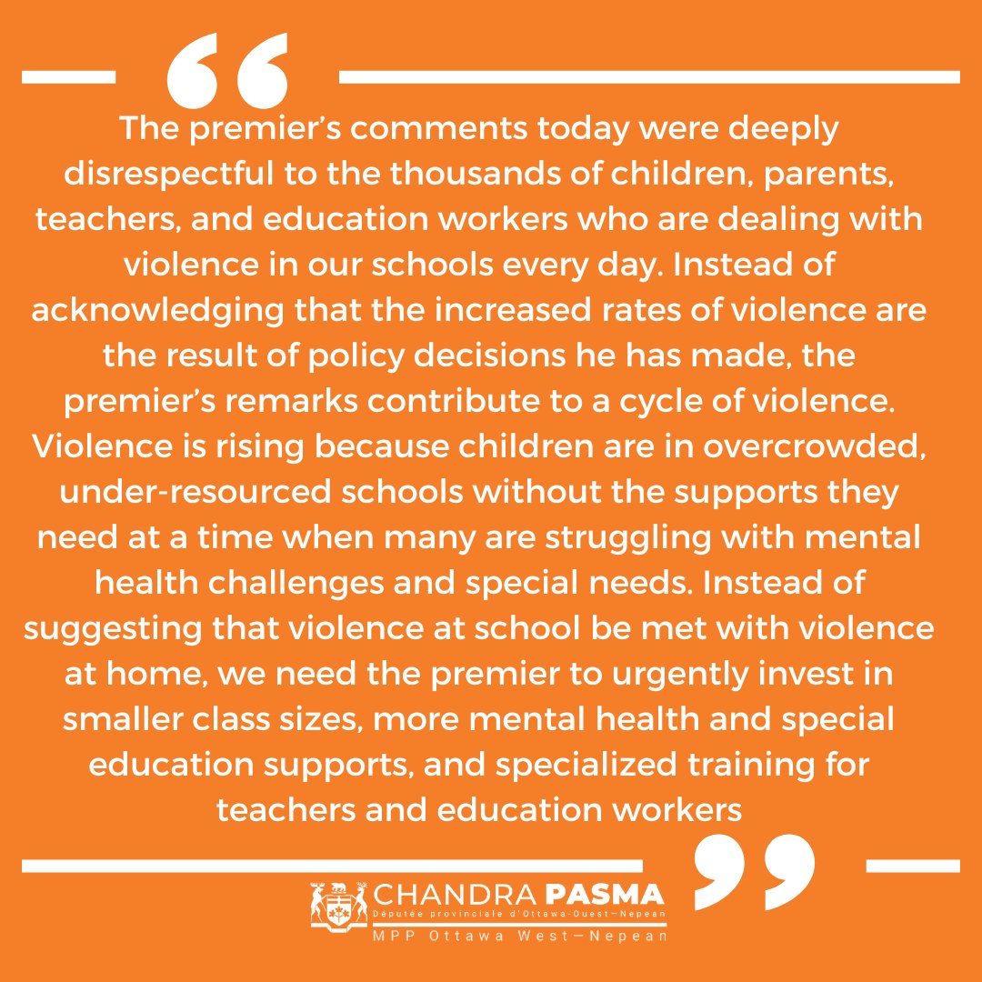 My statement on the Premier’s comments today on violence in schools👇👇 #onted #onpoli