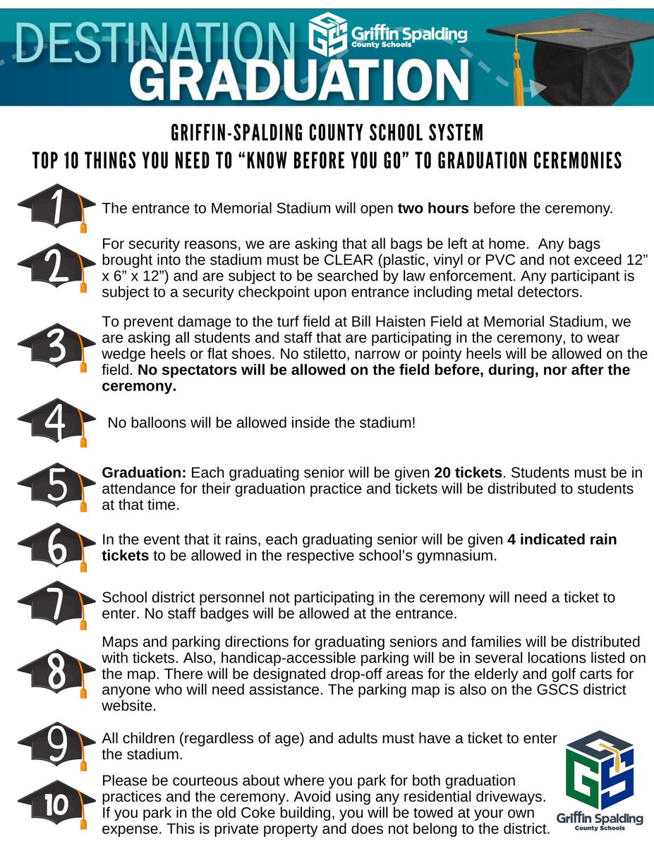 @GriffinSpalding Graduation is getting close! Here are the Top Ten Things To Know Before You Go! #GSCSGrad23 For Class of 2023 graduation information visit: spalding.k12.ga.us/About-us/Desti…