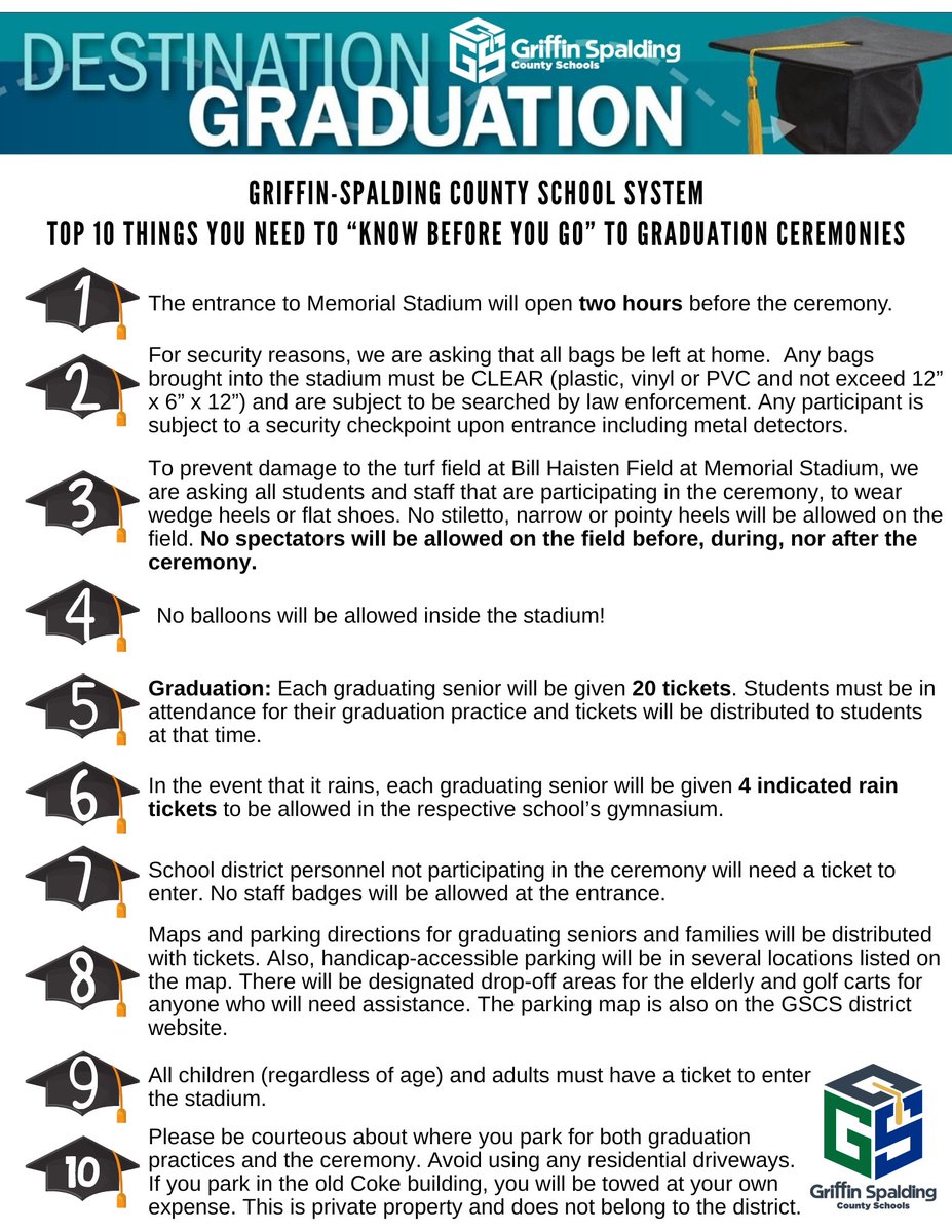Griffin-Spalding K12 (@griffinspalding) on Twitter photo <a href="/GriffinSpalding/">Griffin-Spalding K12</a> Graduation is getting close! Here are the Top Ten Things To Know Before You Go! #GSCSGrad23 For Class of 2023 graduation information visit: spalding.k12.ga.us/About-us/Desti… <a href="/GriffinSpalding/">Griffin-Spalding K12</a> Graduation is getting close! Here are the Top Ten Things To Know Before You Go! #GSCSGrad23 For Class of 2023 graduation information visit: spalding.k12.ga.us/About-us/Desti…