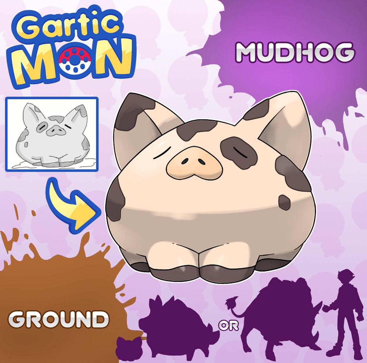 Mudhog is taking it easy today! These friend-shaped Garticmon spend most of their hot summer days chilling in cool mud puddles. Sometimes it’s nice to stop and sit down with them to just relax. Thanks to <a href="/atnathanyaffe/">Nathan Yaffe</a> for the original and <a href="/_blackburn789_/">Gray | Commissions Open</a> for the render! 🐷