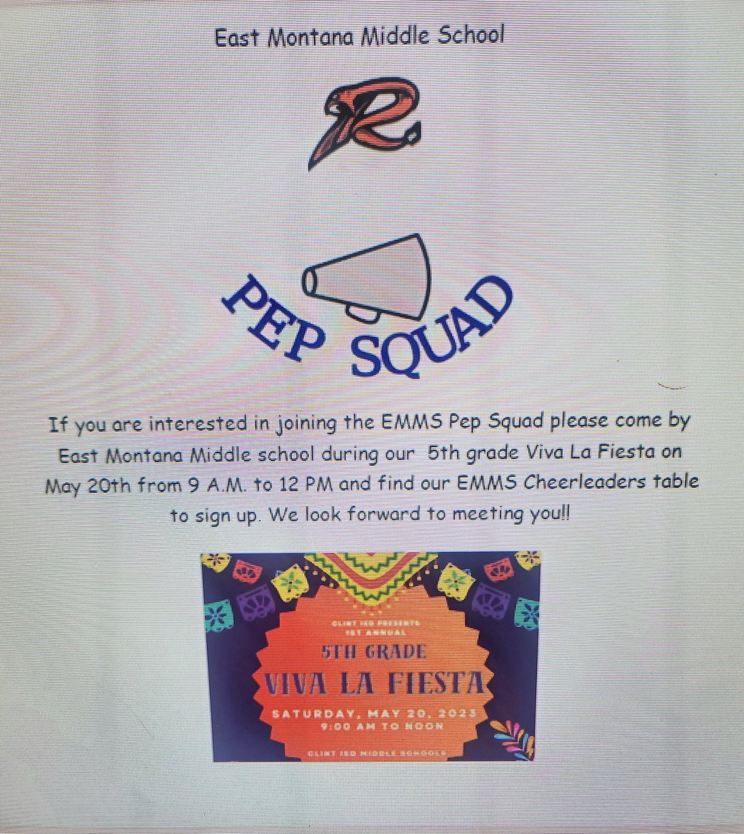 📣Calling out all incoming 6th graders @MontanaMiddle you all may sign up to join the PEP SQUAD!!!! SEE YOU SATURDAY FROM 9-12 AT EMMS!!!. @Cynthia34275842 @MsAyala8 @MVE_roadrunners @RSEcowboys @LobosLibrary @MVHSLobos #fearthestrike & #loboswillbeheard